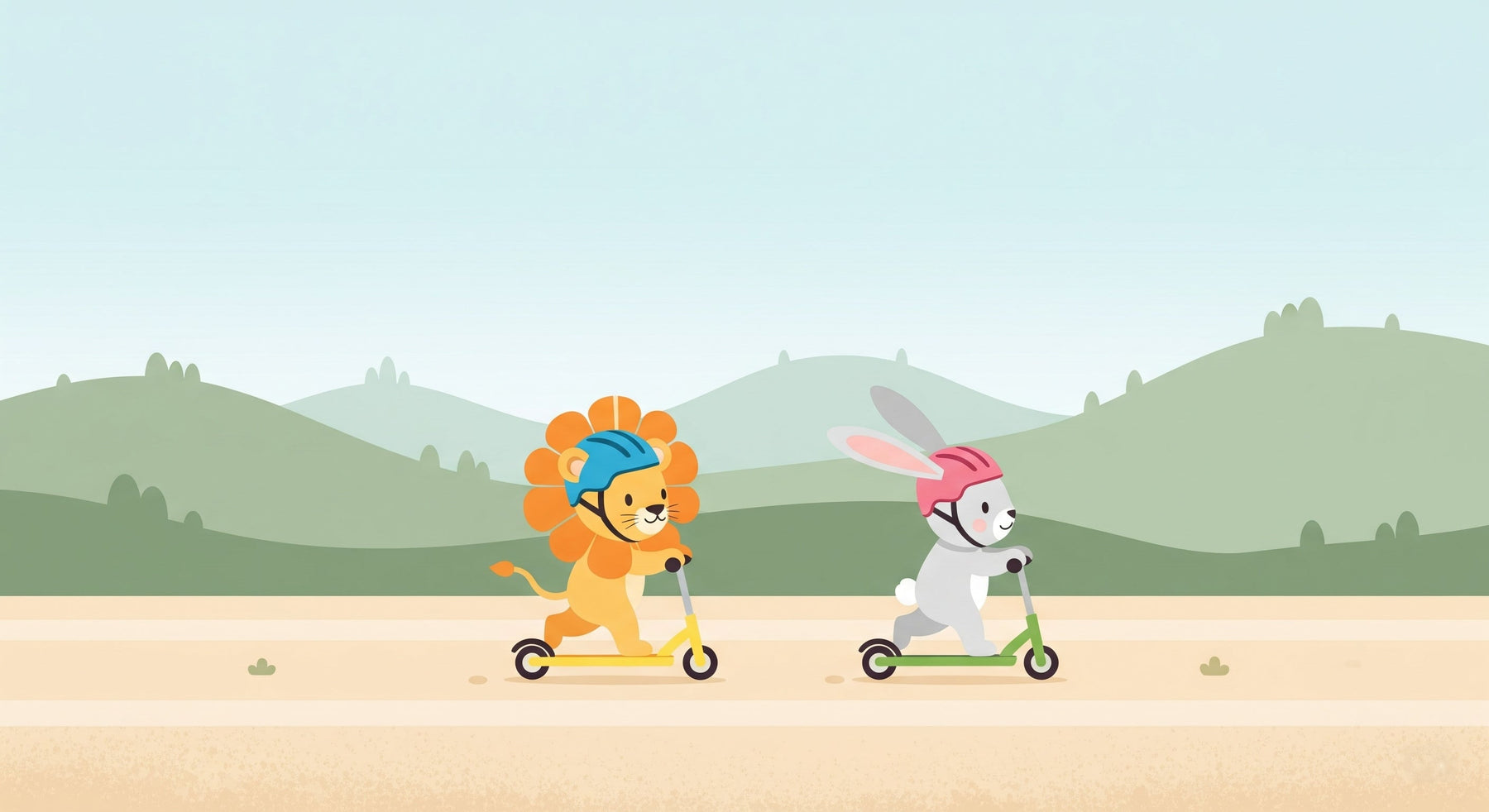 Detailed animal scooter racing mural wallpaper design pattern showing lion and rabbit competition by Kids-Mundo