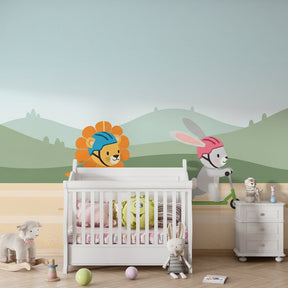 Playful scooter competition wallpaper creating adventurous kids playroom atmosphere with pastel colors