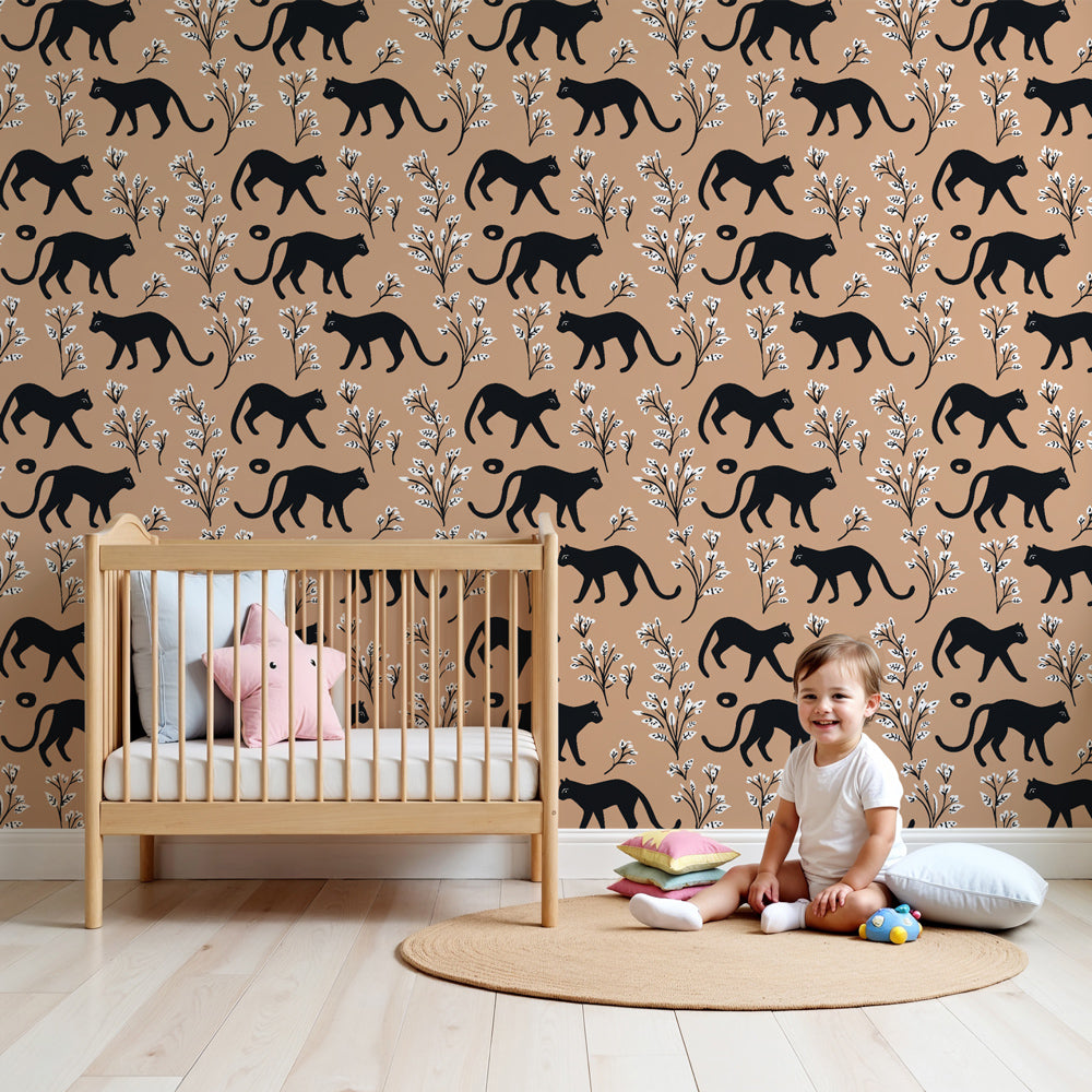 Black animal silhouette mural wallpaper with florals in modern children's nursery by Kids-Mundo