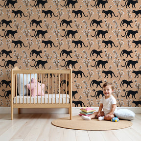 Black animal silhouette mural wallpaper with florals in modern children's nursery by Kids-Mundo