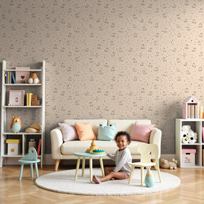 Animal stars mural wallpaper in gentle nursery with white crib and wooden furniture by Kids-Mundo