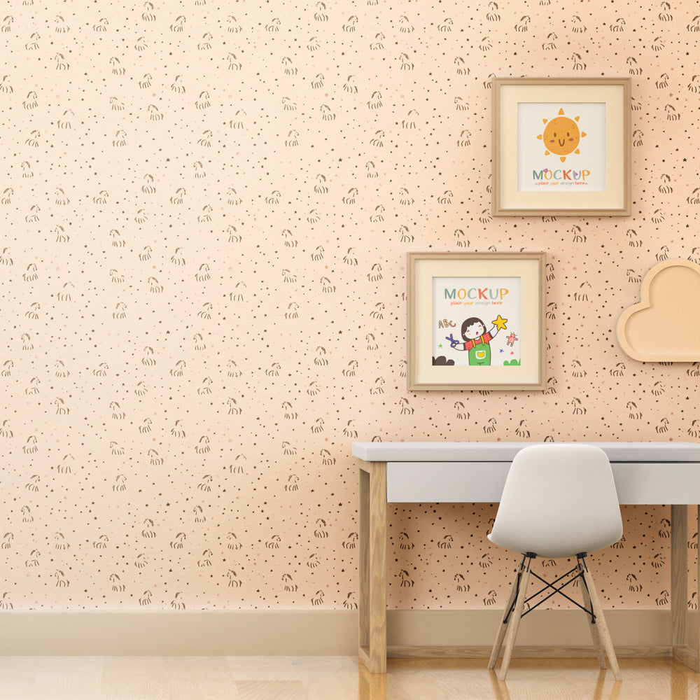 Gentle animal and stars mural wallpaper in cozy toddler room with wooden toys and soft textiles