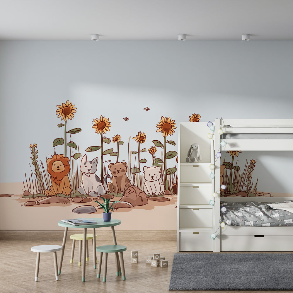Cute safari animals and sunflowers wallpaper creating magical kids bedroom decor