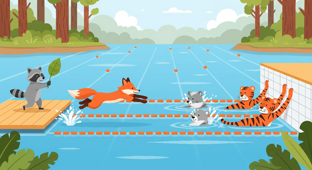 Kids-Mundo flat artwork preview of the fox, tiger and otter swimming pool race design.