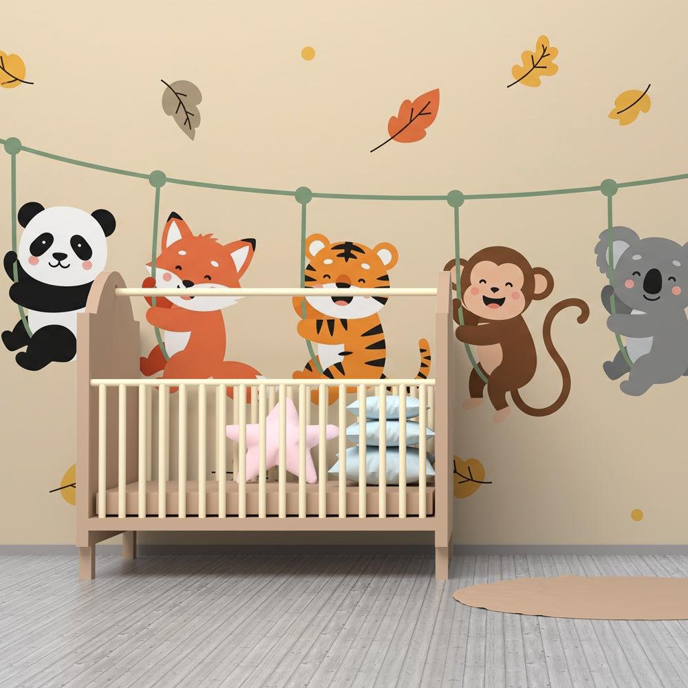 Playful animal wallpaper featuring swinging safari friends in kids bedroom decor