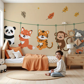 Animal swing mural wallpaper in modern nursery with safari friends by Kids-Mundo