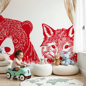 Animal theater mural wallpaper with bear and fox characters in modern nursery by Kids-Mundo