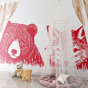 Theater curtain animal wallpaper transforming children's playroom into storybook scene