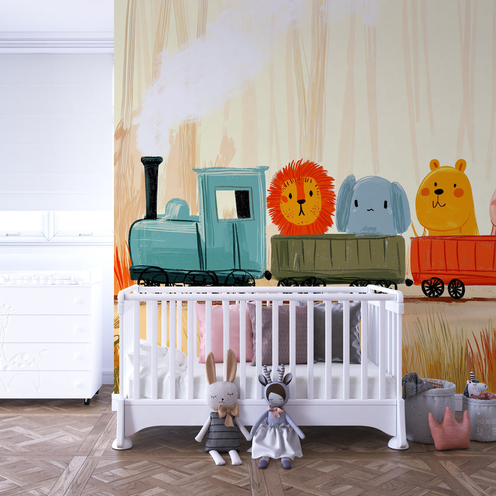 Kids-Mundo animal train wall mural behind a bed in a cheerful orange kids bedroom
