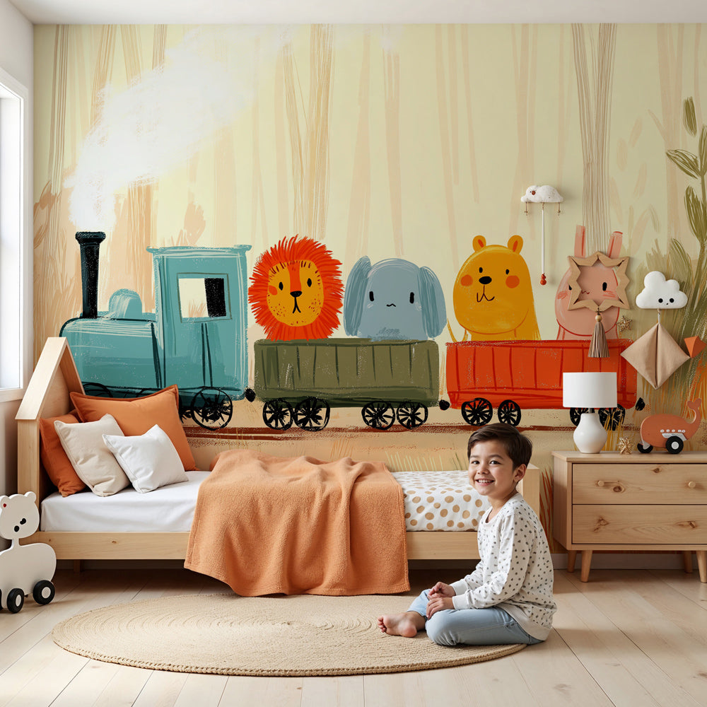 Kids-Mundo animal train wall mural in a warm autumn-toned nursery with a wooden cot