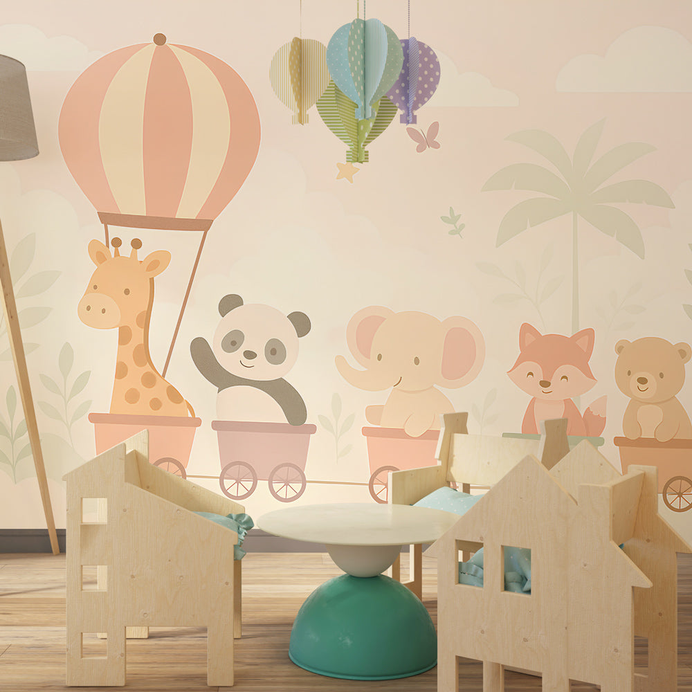 Safari animal train wallpaper creating whimsical toddler bedroom atmosphere with pastel colors