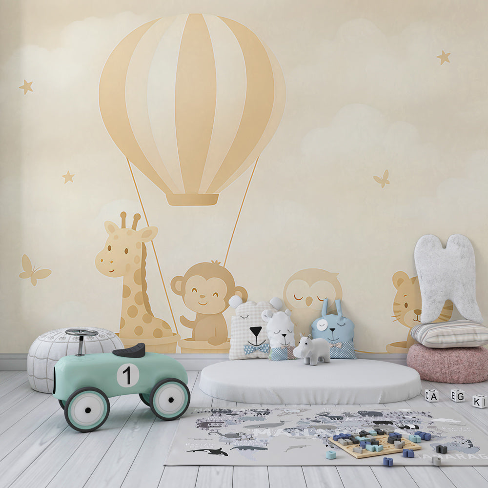 Whimsical animal train wallpaper creating dreamy kids bedroom atmosphere with beige tones