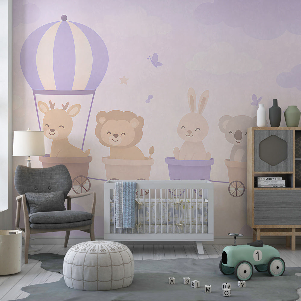 Cute safari animal train wallpaper creating magical kids bedroom atmosphere with pastel colors