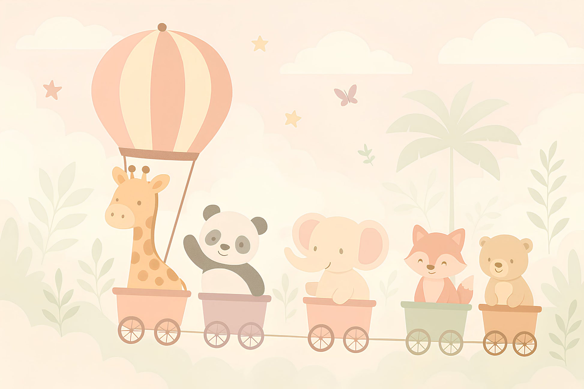 Detailed animal train adventure mural wallpaper design pattern with safari characters by Kids-Mundo