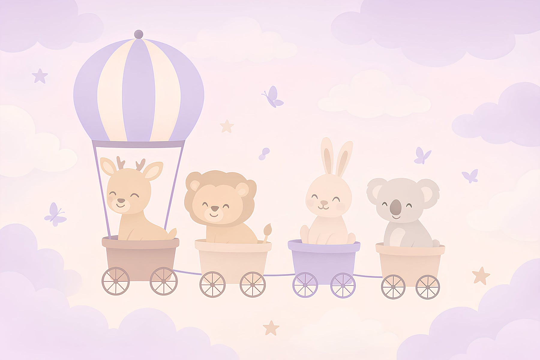 Detailed animal train mural wallpaper design pattern with safari characters and hot air balloon by Kids-Mundo