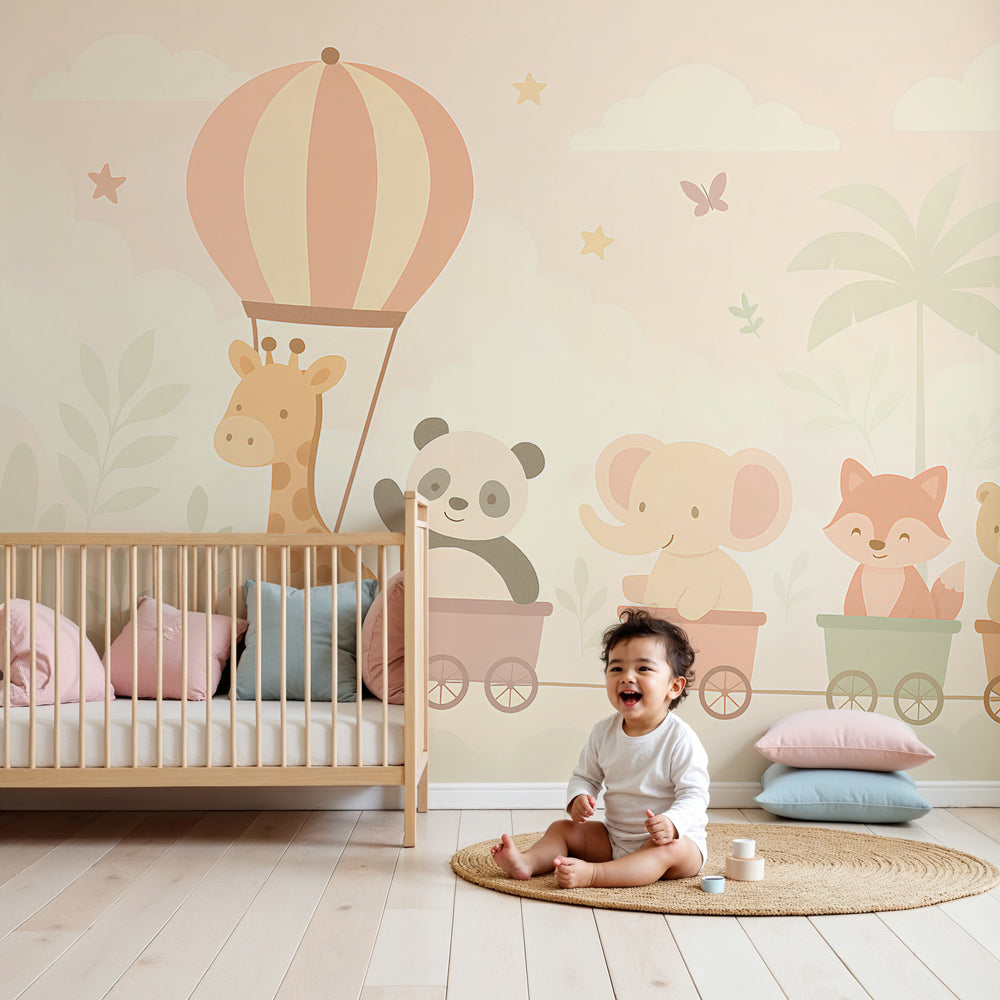 Animal train mural wallpaper in modern nursery with safari adventure theme by Kids-Mundo