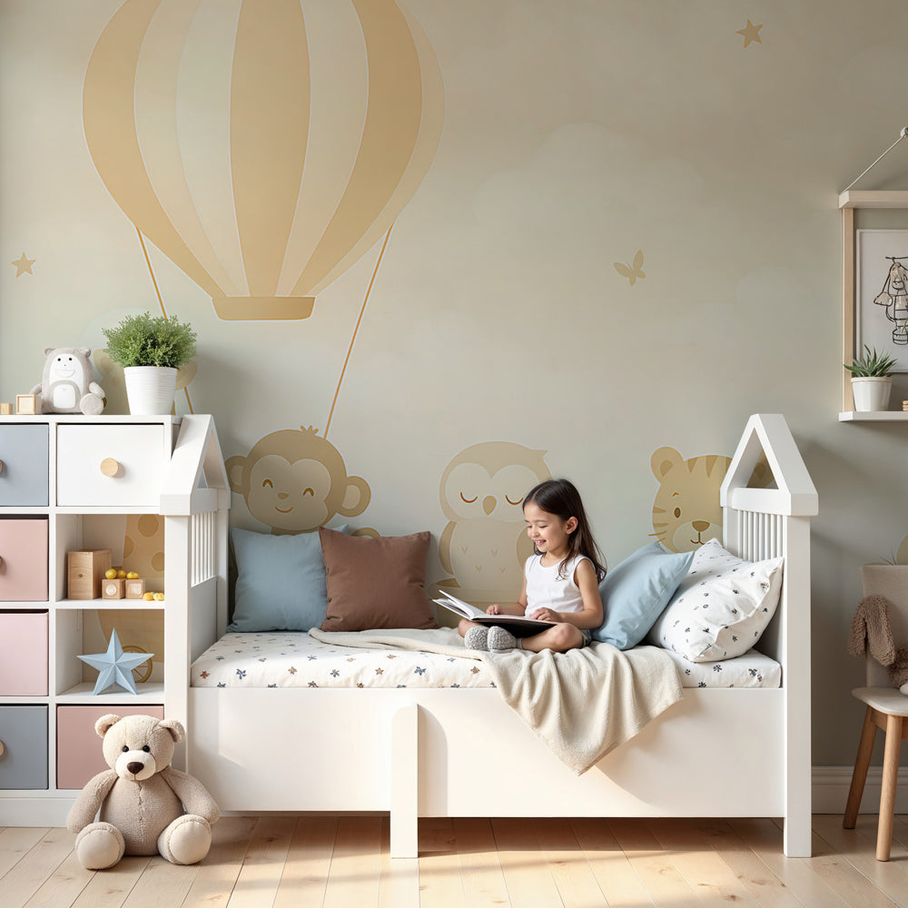Animal train mural wallpaper with hot air balloon in modern nursery by Kids-Mundo