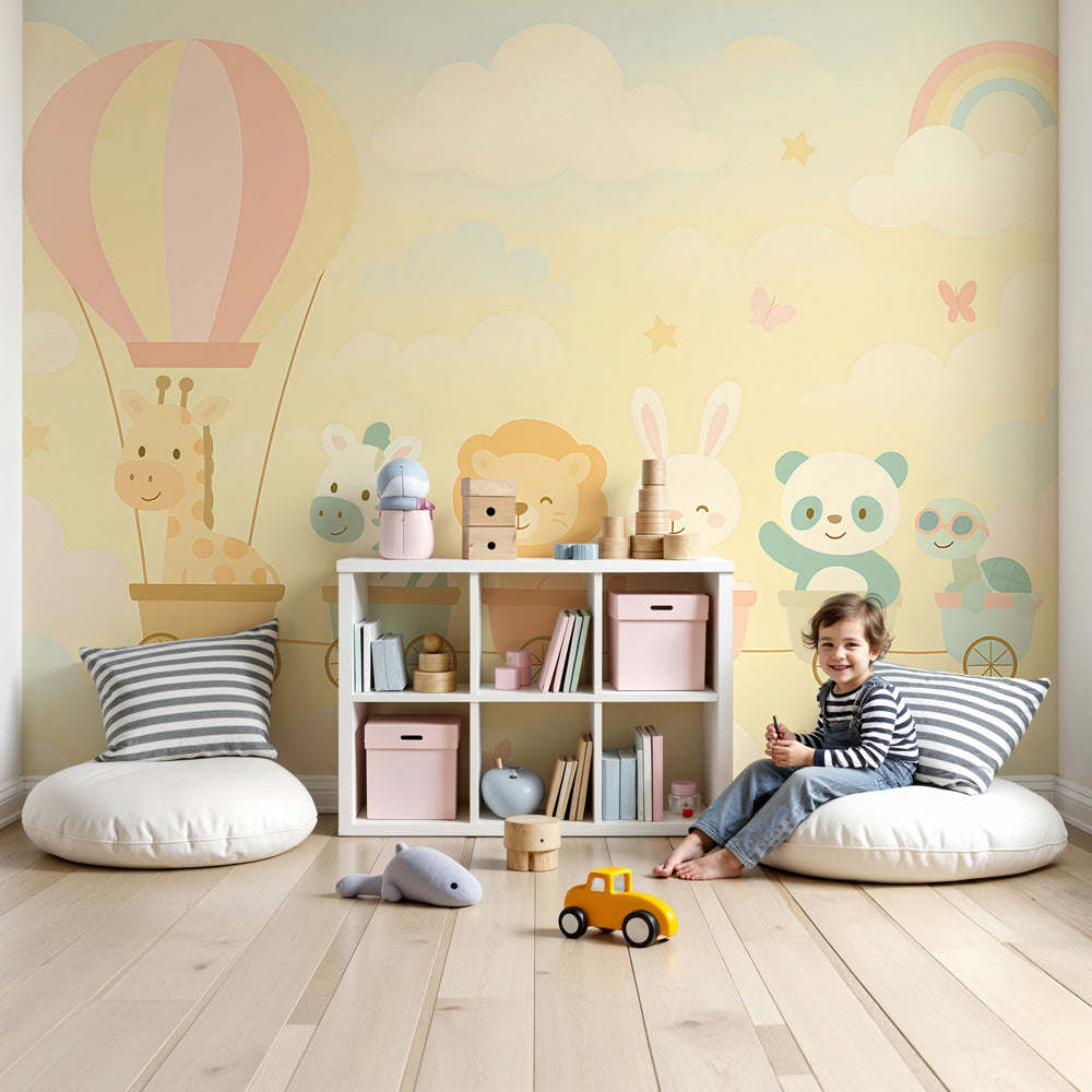 Animal train mural wallpaper in bright nursery with white crib and wooden furniture by Kids-Mundo