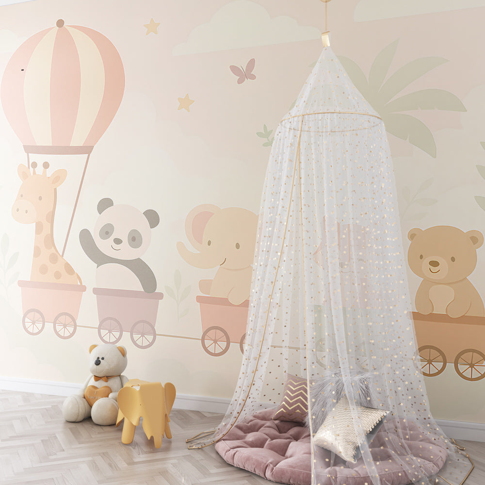 Adventure train wallpaper featuring giraffe hot air balloon in colorful kids playroom setting