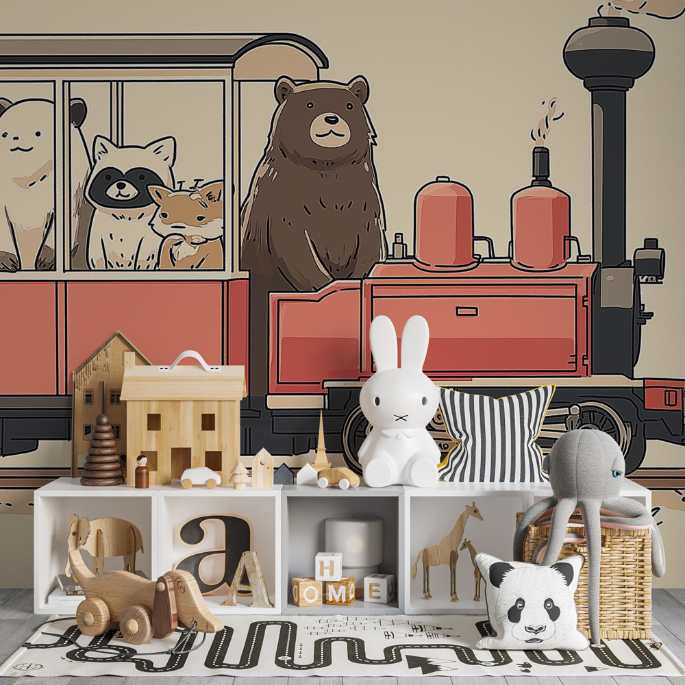 Whimsical animal train wallpaper transforming kids playroom into safari adventure space