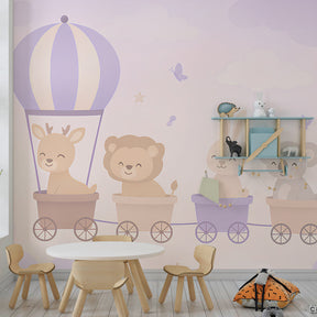 Children's animal adventure mural wallpaper featuring train with lion, deer, rabbit and koala for playroom