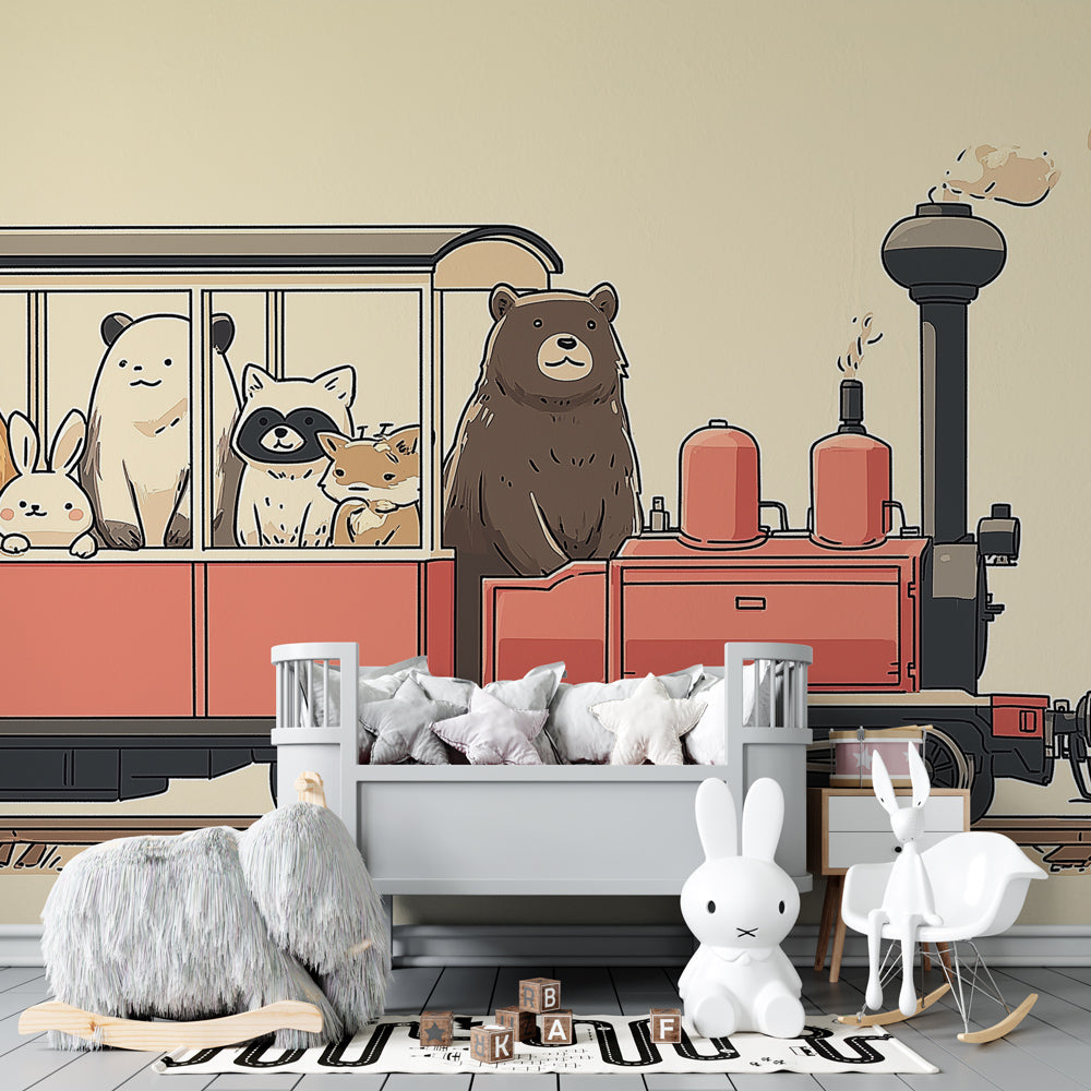 Safari train wallpaper creating adventurous atmosphere in modern toddler bedroom decor
