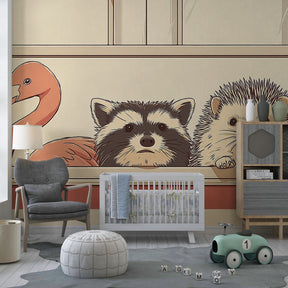 Whimsical animal mural wallpaper transforming playroom with soft pink and beige tones