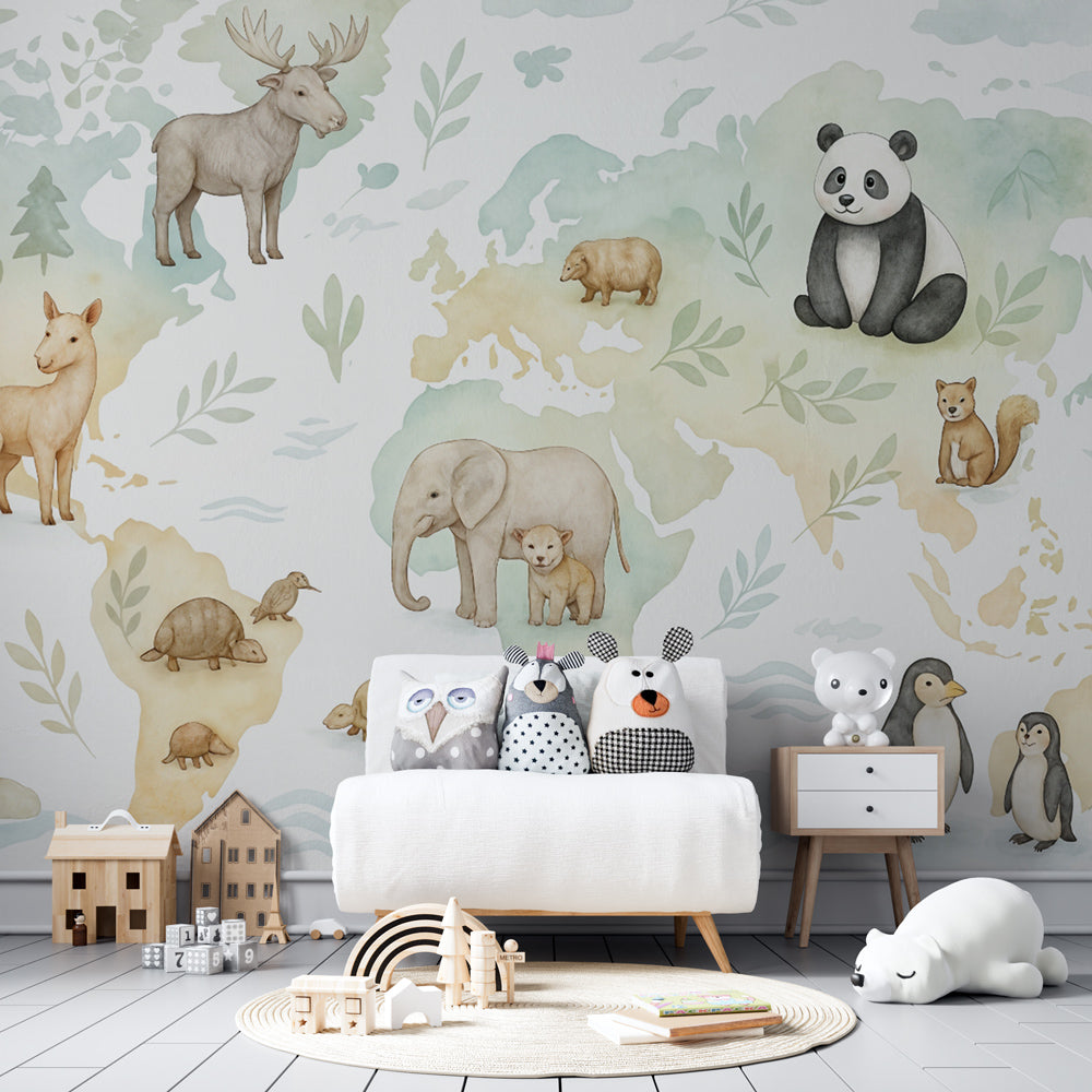 Educational animal map wallpaper creating learning environment in children's bedroom