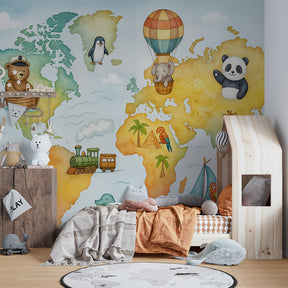 Educational world map wallpaper featuring travel animals in bright children's bedroom setting