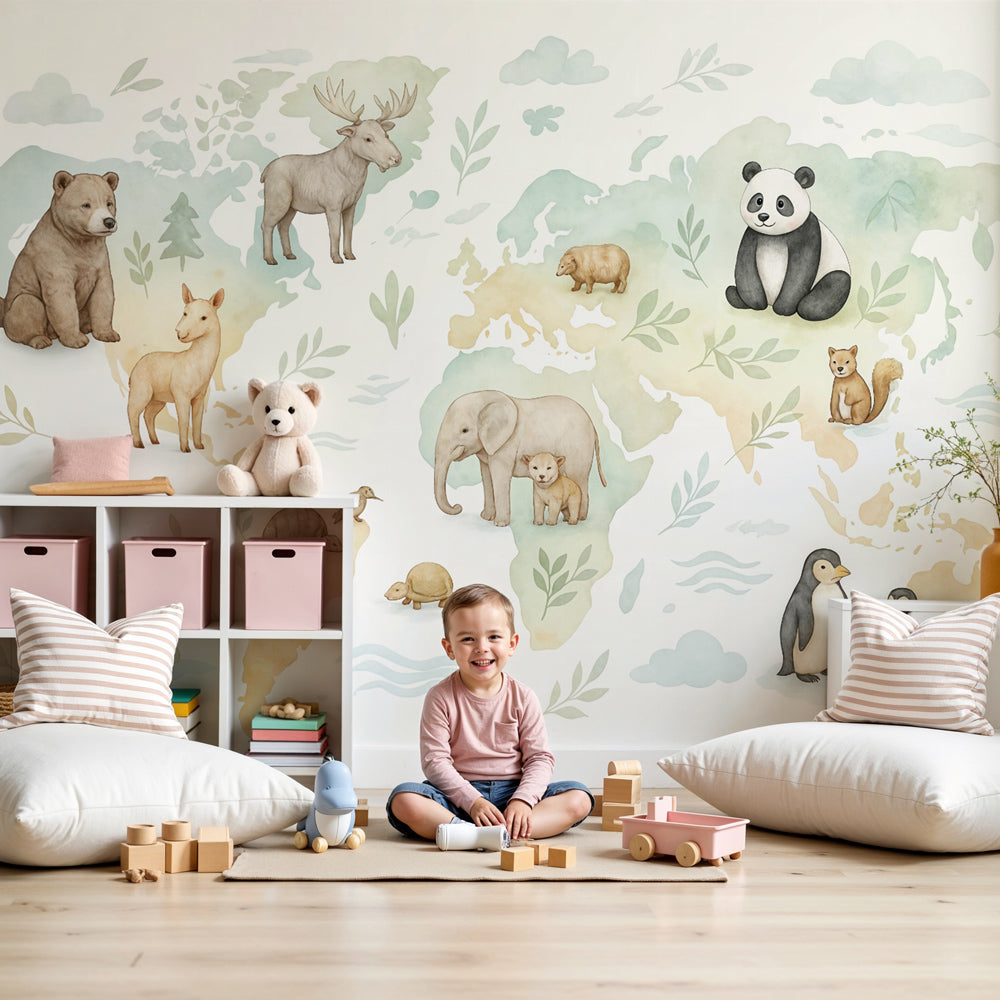 Animal world map mural wallpaper in modern nursery with soft pastel tones by Kids-Mundo