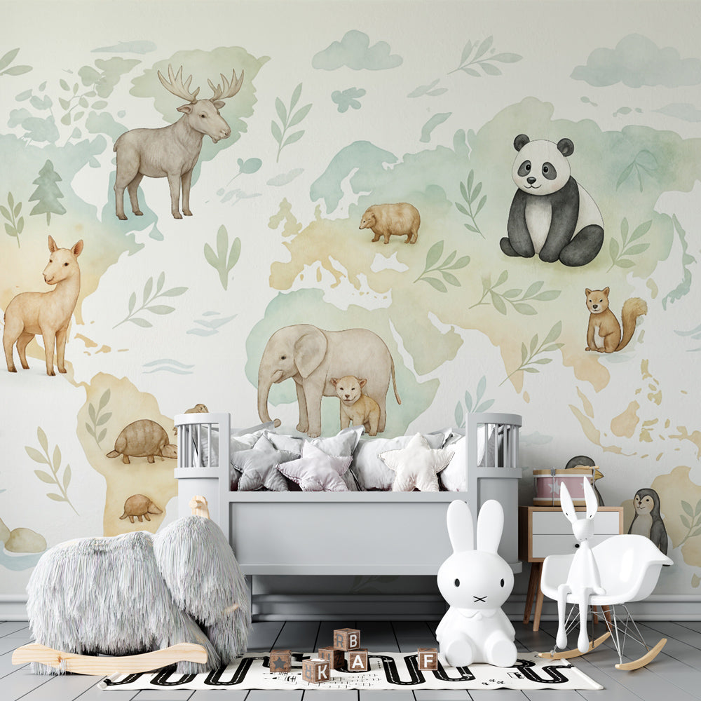 World map animal wallpaper featuring pandas and elephants in bright kids playroom