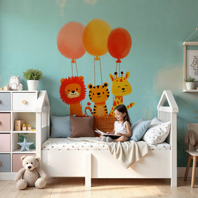 Animals hot air balloon mural wallpaper in bright nursery with safari adventure theme by Kids-Mundo