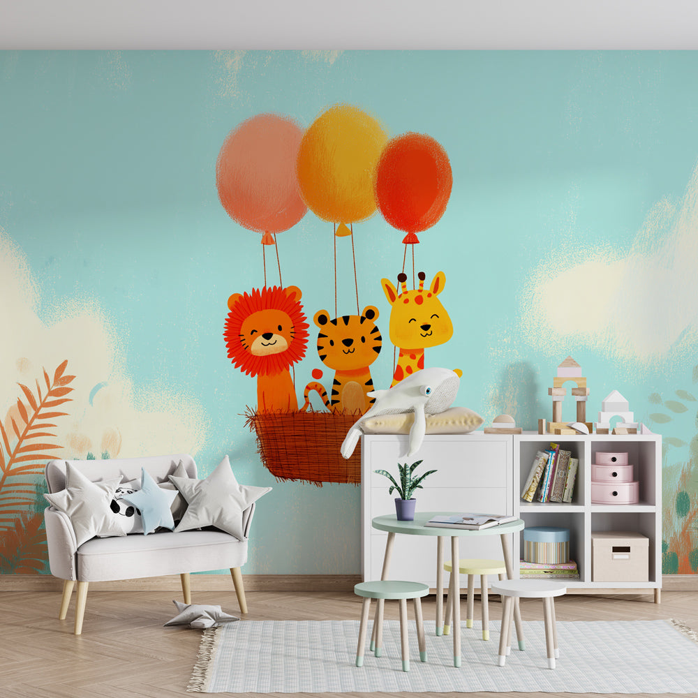 Safari animals balloon wallpaper creating magical adventure atmosphere in kids playroom