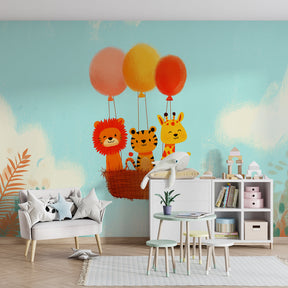 Safari animals balloon wallpaper creating magical adventure atmosphere in kids playroom