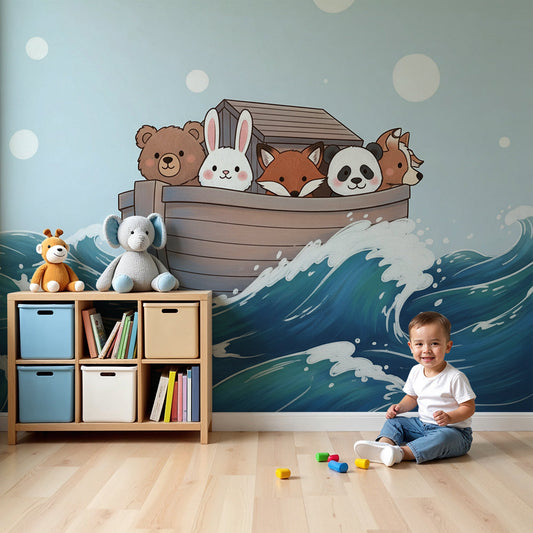 Kids-Mundo bear, rabbit, fox and panda boat wall mural in a calming blue nursery