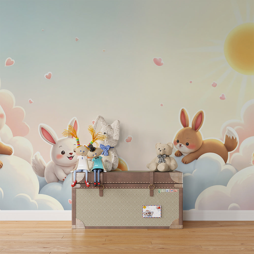 Enchanted sky animal wallpaper creating magical atmosphere in children's bedroom
