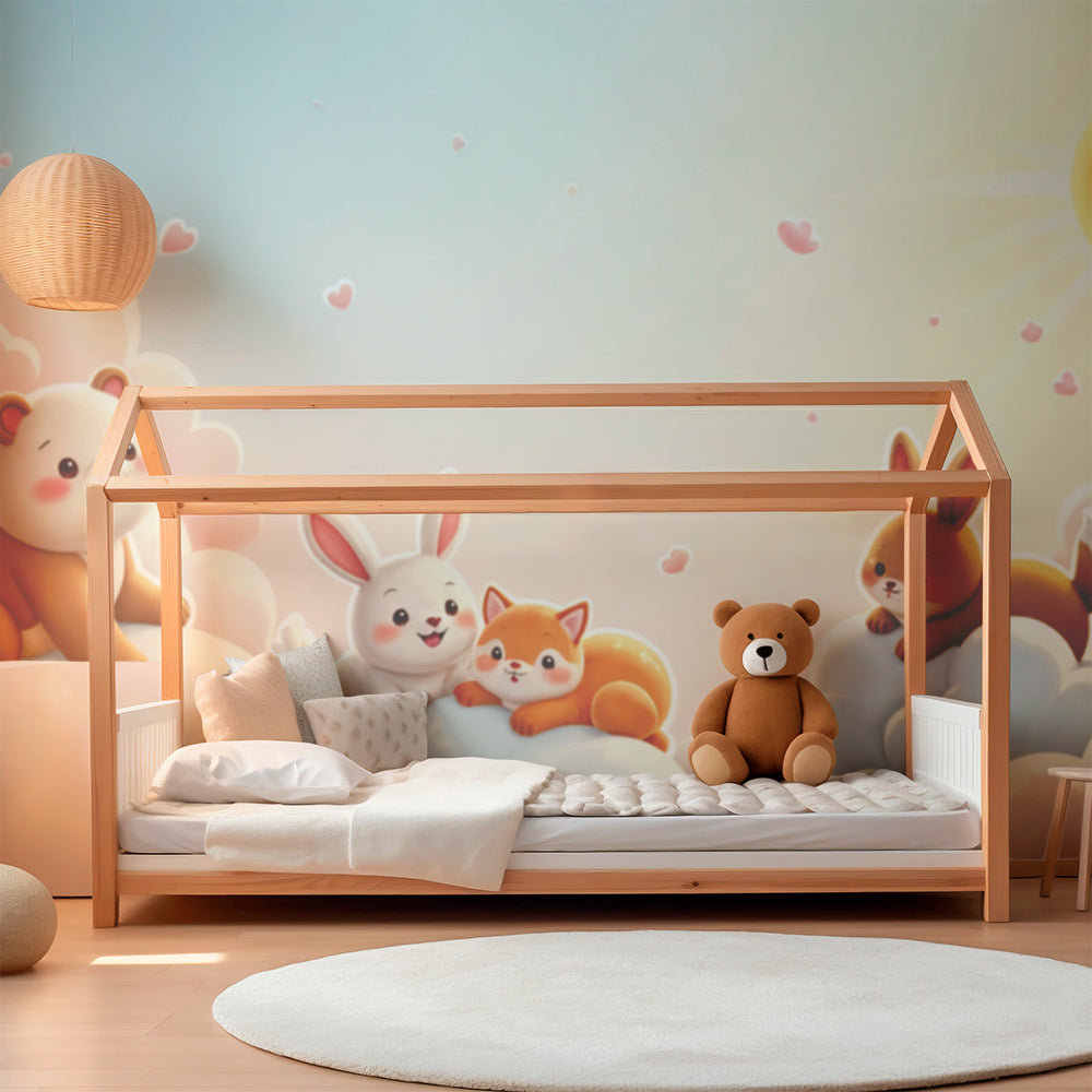 Sky theme mural wallpaper with cute animals and clouds for kids room by Kids-Mundo