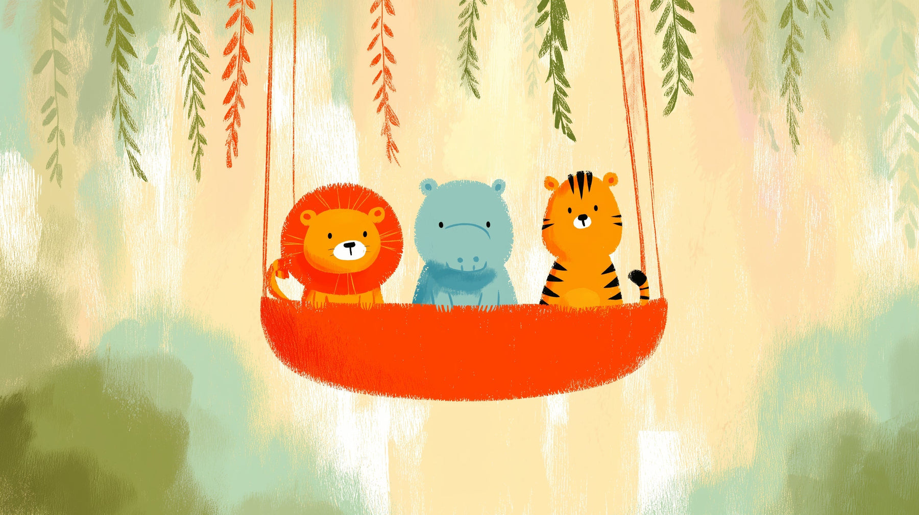 Detailed animal swing mural wallpaper design pattern showing lion hippo tiger characters by Kids-Mundo