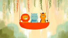 Detailed animal swing mural wallpaper design pattern showing lion hippo tiger characters by Kids-Mundo