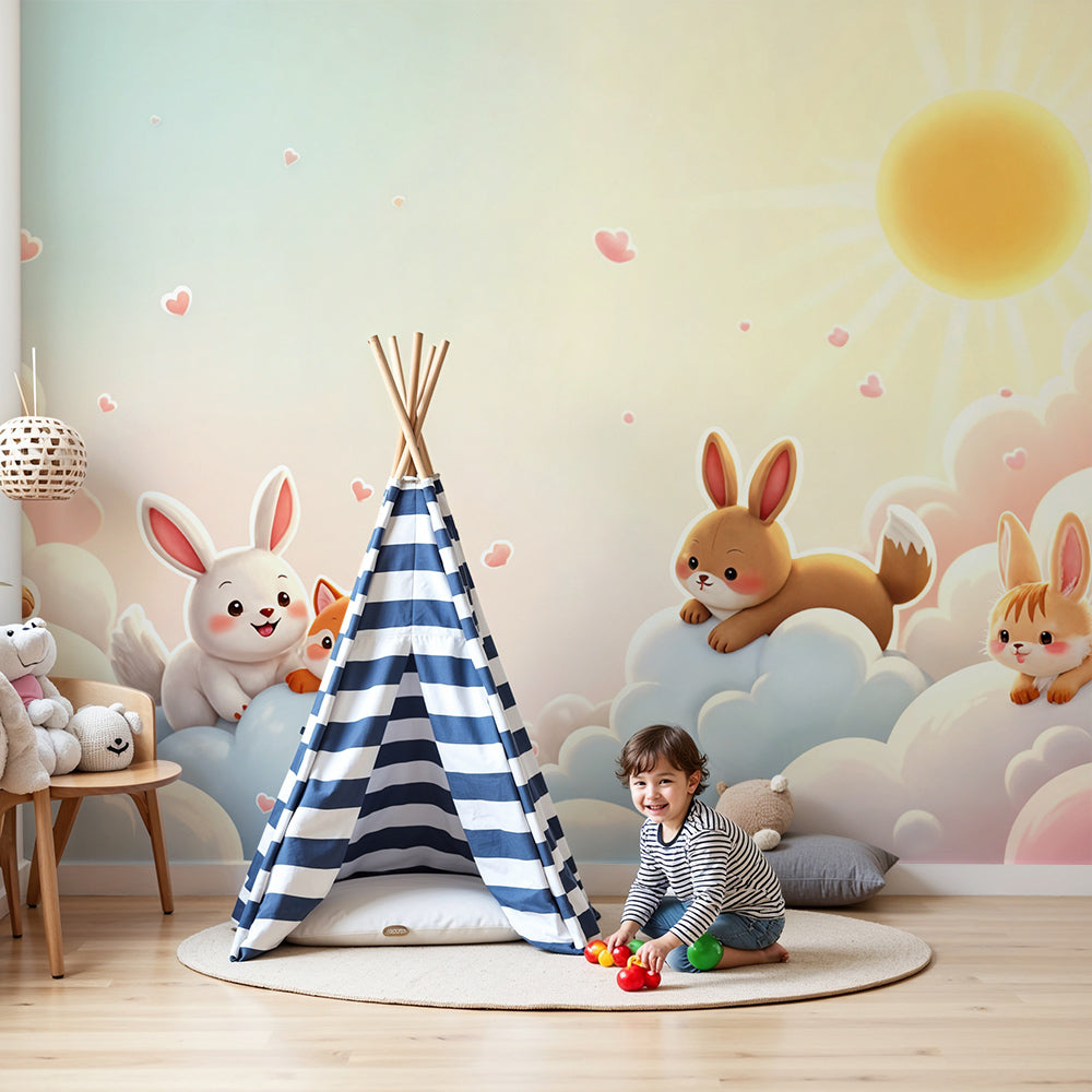Animals on clouds mural wallpaper decorating peaceful nursery room by Kids-Mundo