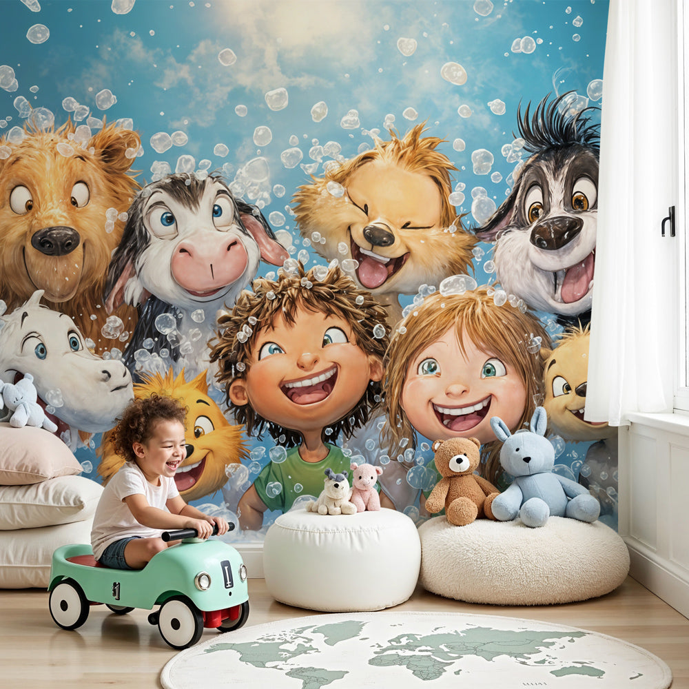 Animals mural wallpaper with bubble bath theme in bright nursery room by Kids-Mundo