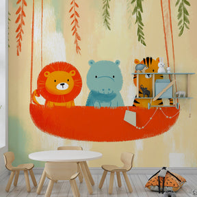 Playful animal swing wallpaper transforming kids playroom with lion hippo tiger characters