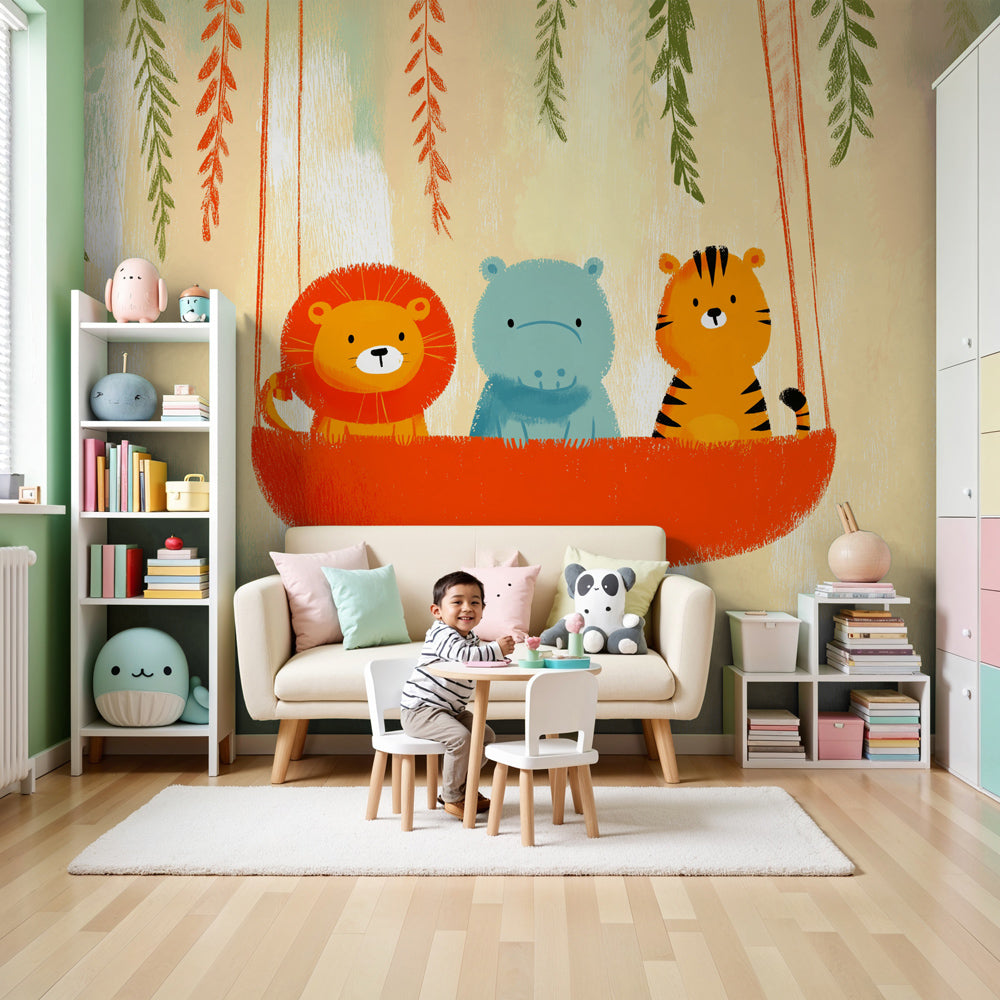 Animals swing mural wallpaper creating whimsical nursery decor with woodland creatures by Kids-Mundo