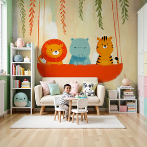 Animals swing mural wallpaper creating whimsical nursery decor with woodland creatures by Kids-Mundo