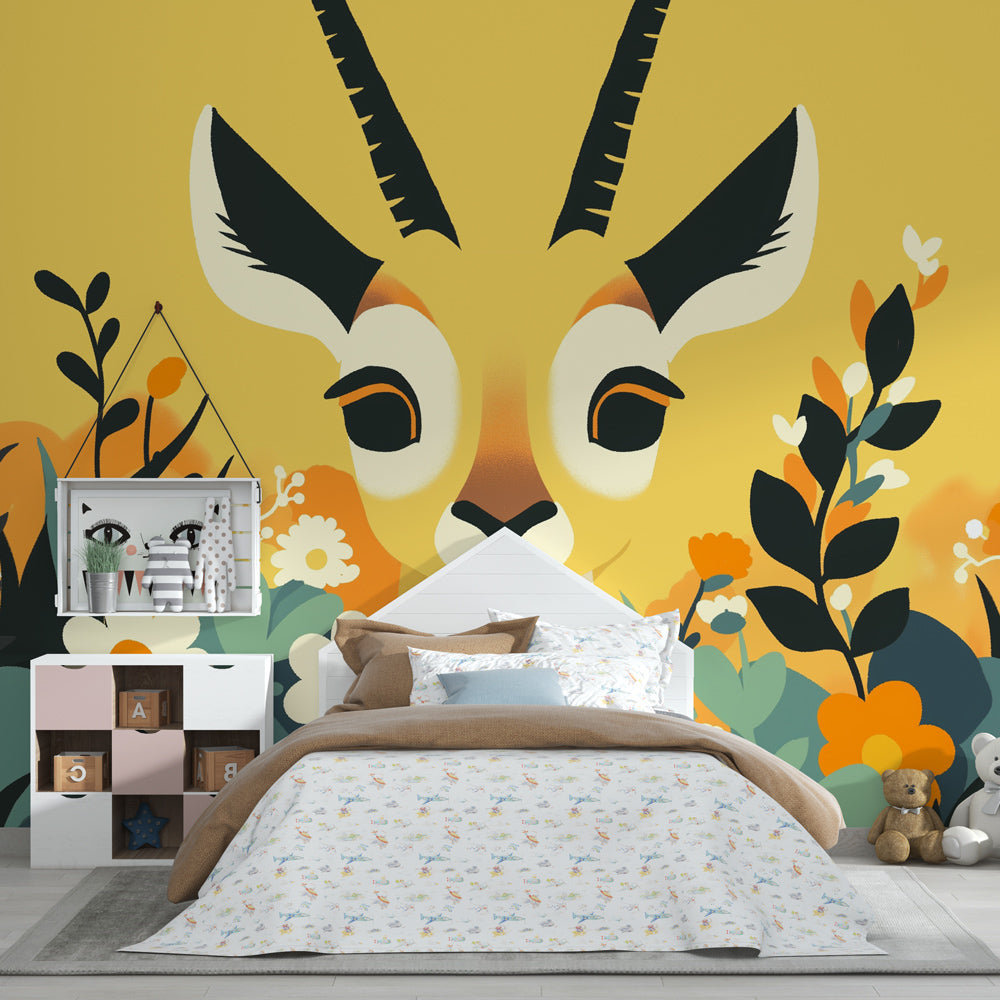 Safari garden mural wallpaper with antelope creating playful children's room atmosphere