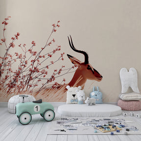 Animal themed mural wallpaper with antelope and flowers for peaceful baby room decor