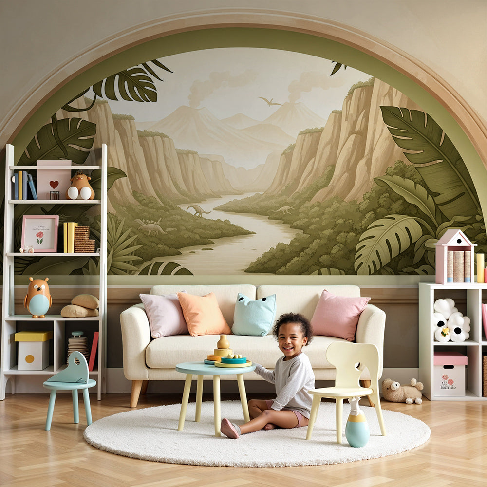 Kids-Mundo arched window dinosaur canyon wall mural in a calm beige nursery