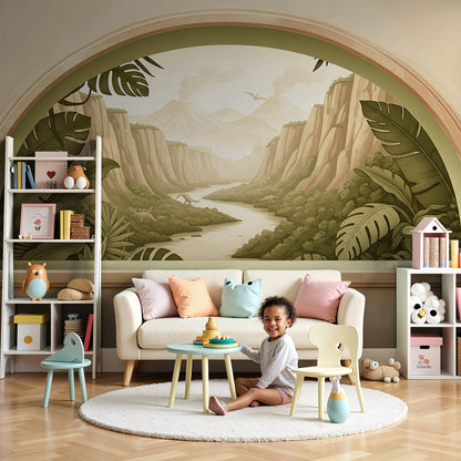 Kids-Mundo arched window dinosaur canyon wall mural in a calm beige nursery