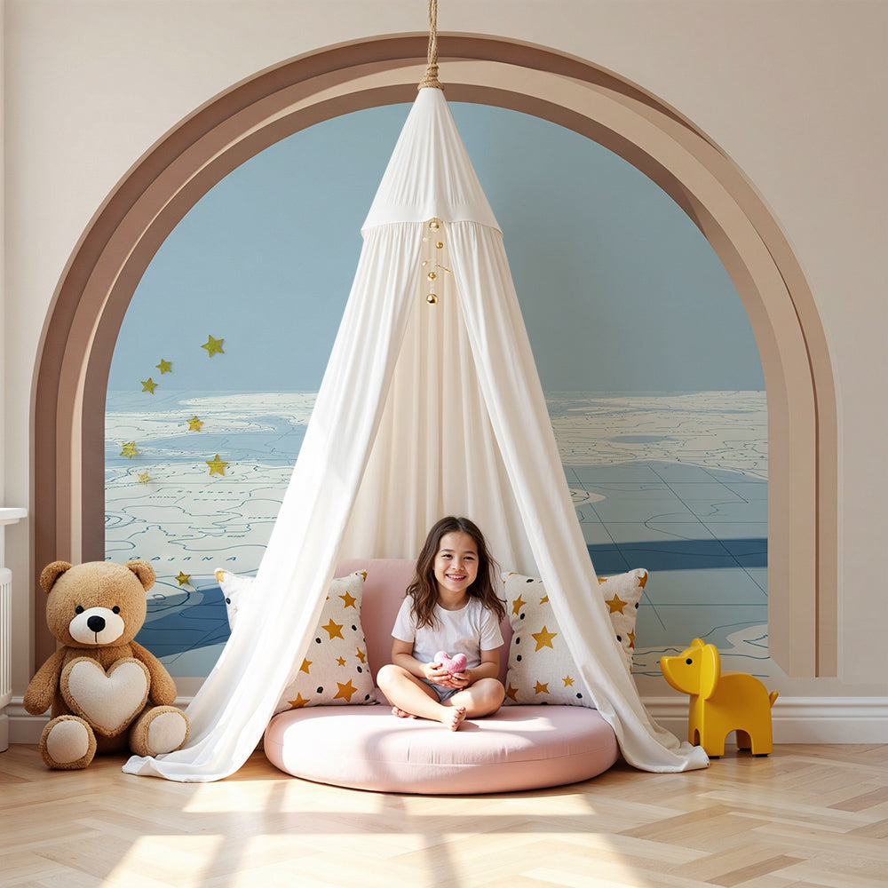 Kids-Mundo arched window wall mural printed to size in a calm terracotta and blue nursery