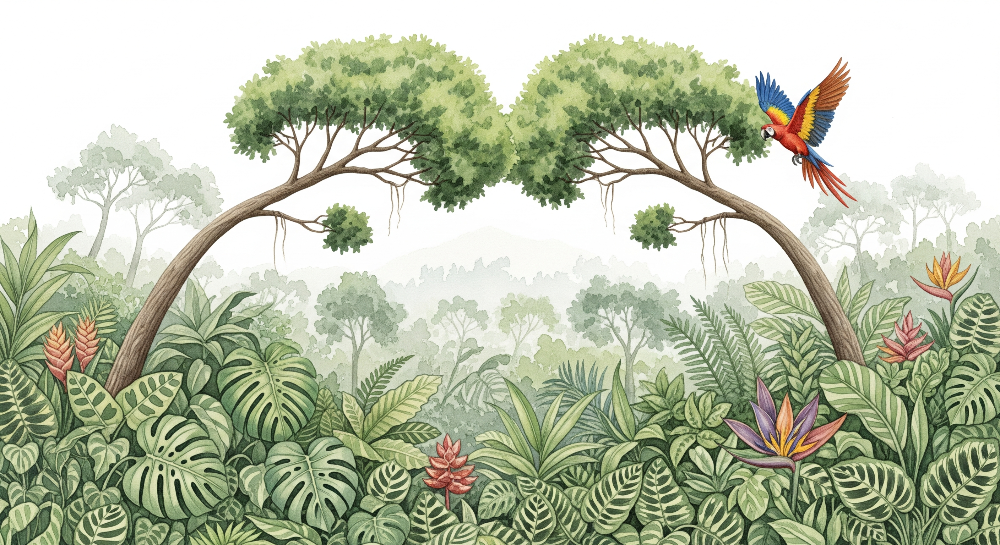 Macaw and Arching Trees Jungle Wall Mural